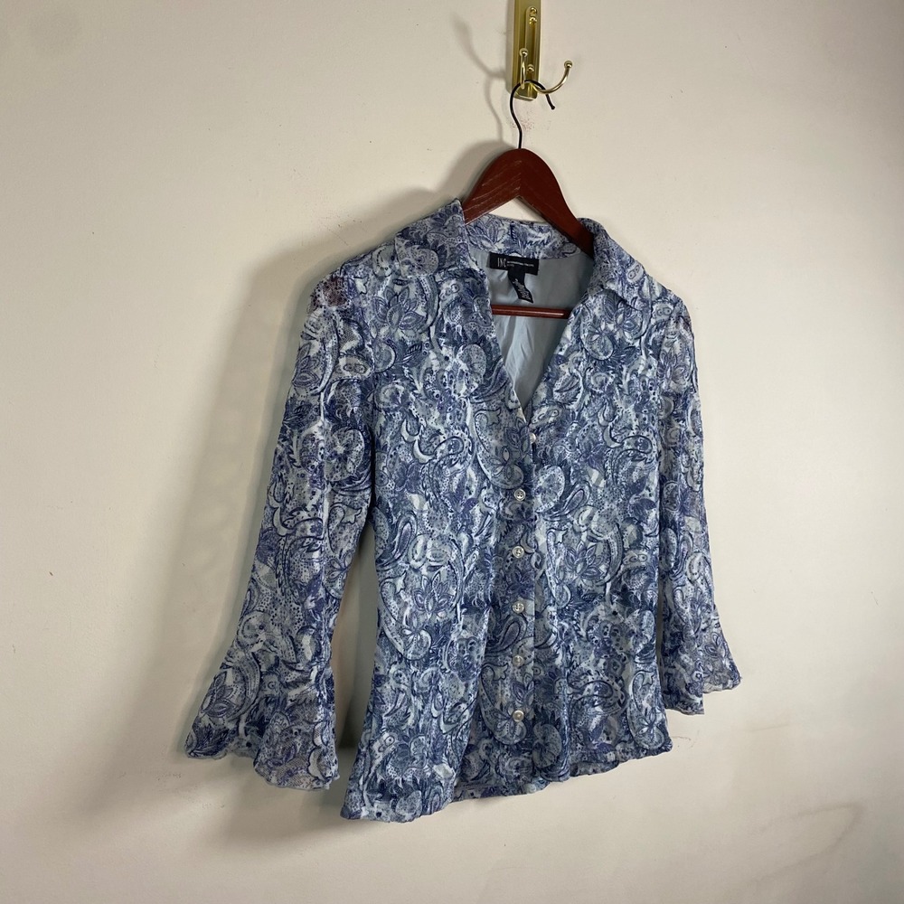 Vintage Y2K I.N.C Button Up Collared Shirt 3/4 Ruffle Sleeves‎ Blue Paisley Boho - Picture 3 of 6